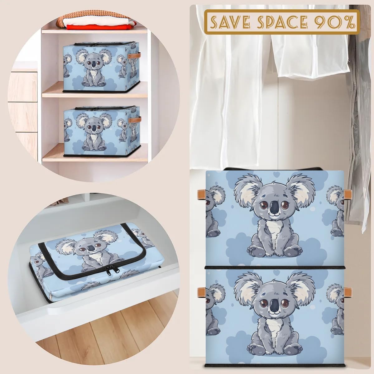 Blue Koala Storage Bins with Zipper Lid 2pcs Stackable Storage Baskets Boxes with Metal Frame Closet Storage Cube Bin Organizer with PU Handles Clothes Storage Bag