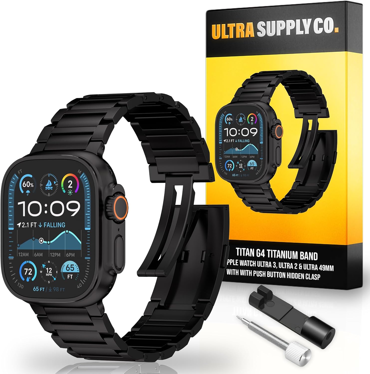 Titan G4 Titanium Watch Band - Compatible with Apple Watch Ultra 3, 2/1 49mm & Series 10 46mm, Metal Strap with Magnetic/Folding Buckle, Diamond-Like Carbon Coating, Scratch-Proof