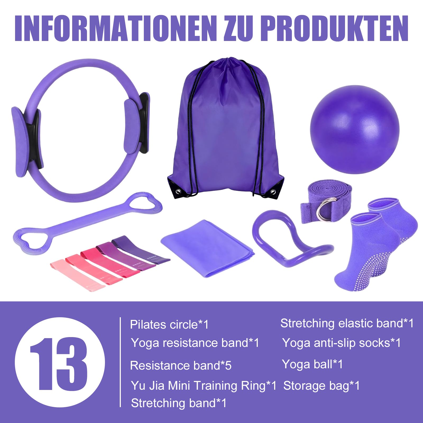 Kit de Pilates 13 Pièces, Ensemble d'Anneau de Pilates, Kit Essentiel de Pilates avec Ballon de Yoga, Anneau de Pilates, Bande de Résistance, Ceinture de Yoga, Chaussettes de Pilates, Ensemble de
