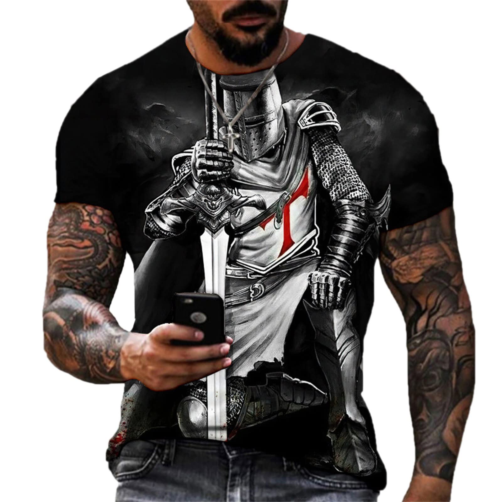 Men's T-Shirt Viking Knight Templar 3D Print T-Shirt Retro Crusader Samurai Pattern Short Sleeve T Shirt Tops