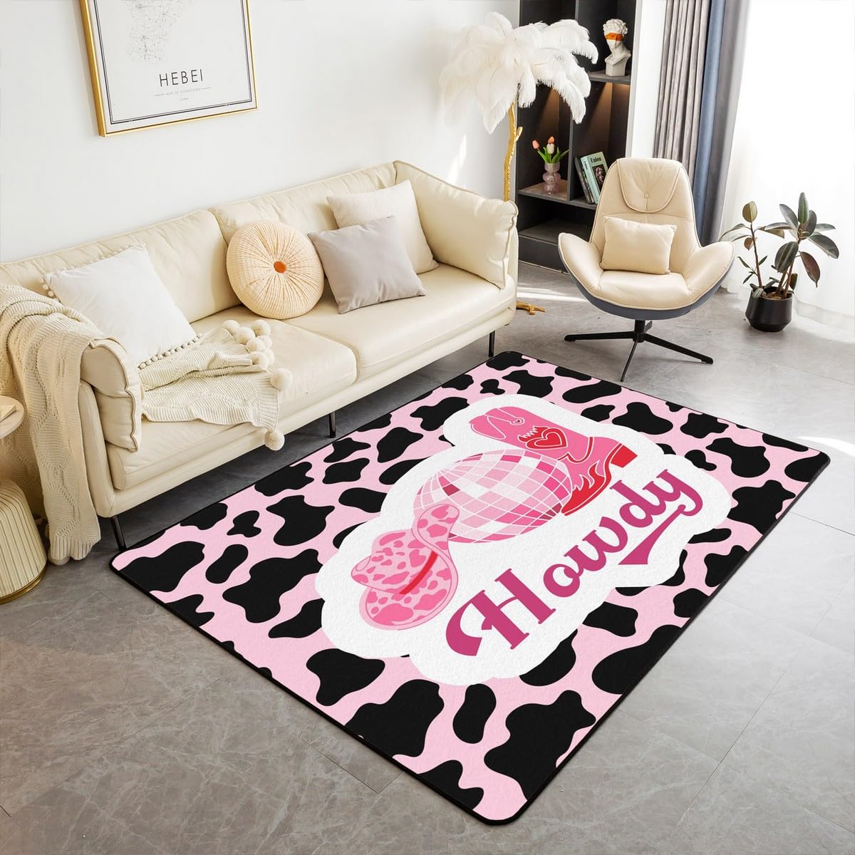 Feelyou Black Pink Western Area Rug 3x5 Kids Cowgirl Decorative Carpet for Boys Teens Disco Ball Cowboy Shoes Hat Western Living Room Rugs Cow Printed
