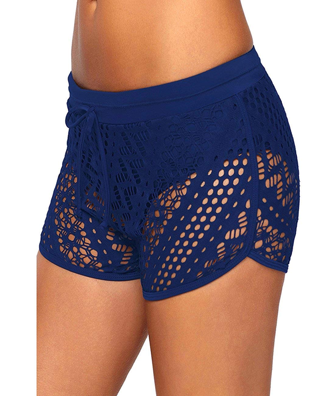 Abyelike Women's Hollow Out Lace Swimsuit Bottoms Solid Stretch Shorts Swim Beach Boardshorts (Navy Blue A, XXL)-image-39