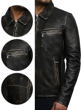 BRANDSLOCK Mens Genuine Leather Biker Jacket Cowhide
