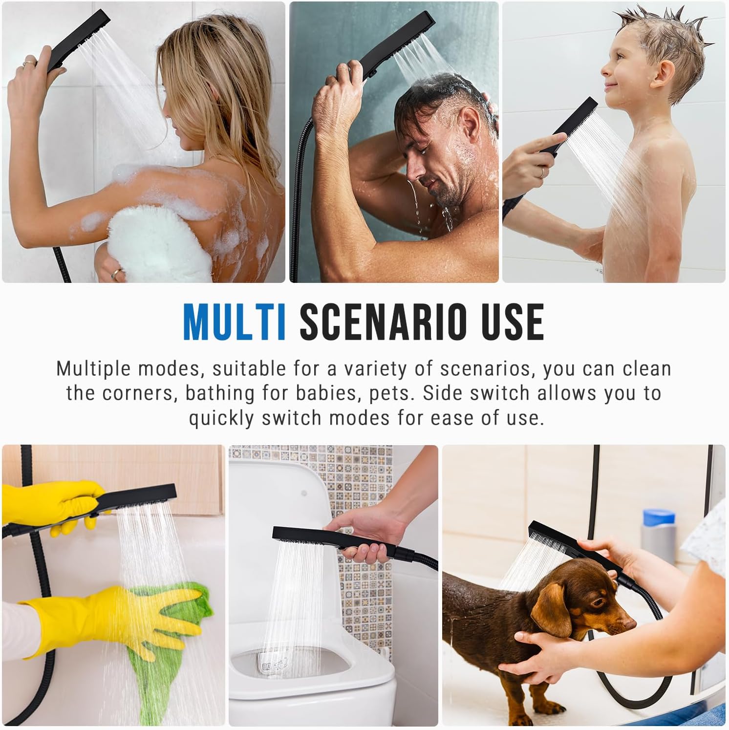 G-Promise All Metal Square 3 Function Handheld Shower Head, Easy and Quick Switch to Massage Mode, Bathroom Shower Wand Design Exquisite Luxury, 2.5 GPM, Matte Black