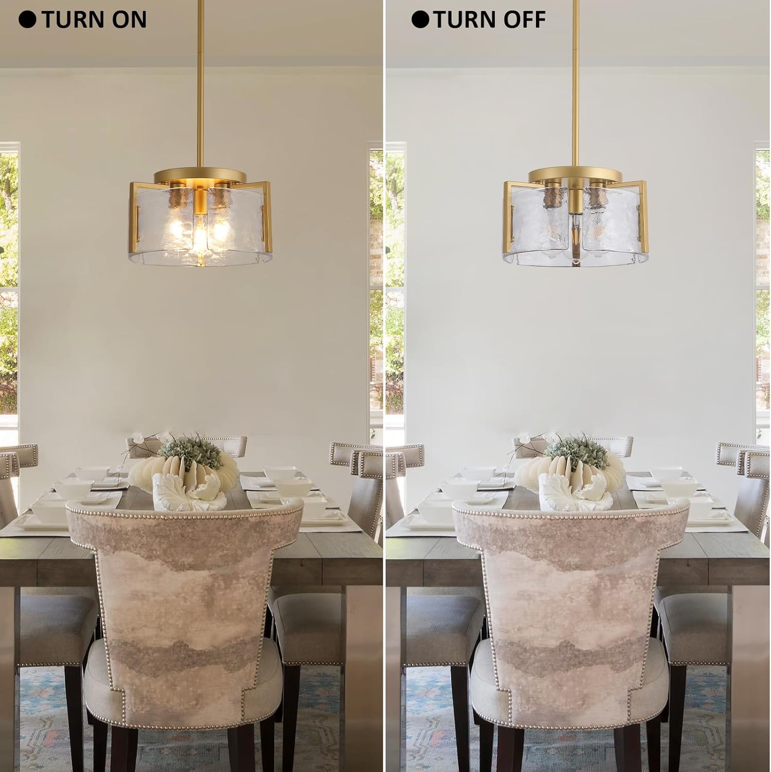 Glass Drum Chandelier for Dining Room, 3-Light Gold Modern Chandelier Farmhouse Lights Kitchen Lighting Fixtures Over Table for Foyer Entryway Hallway Laundry Room Bedroom Bathroom