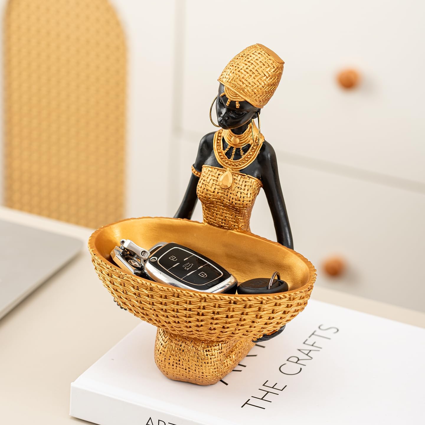 Handmade African Seated Woman Sculpture, Gold, 8.9" | Tribal Figure Holding Basket, Resin, Boho Accent, For Shelf/Table/Living Room/Entryway