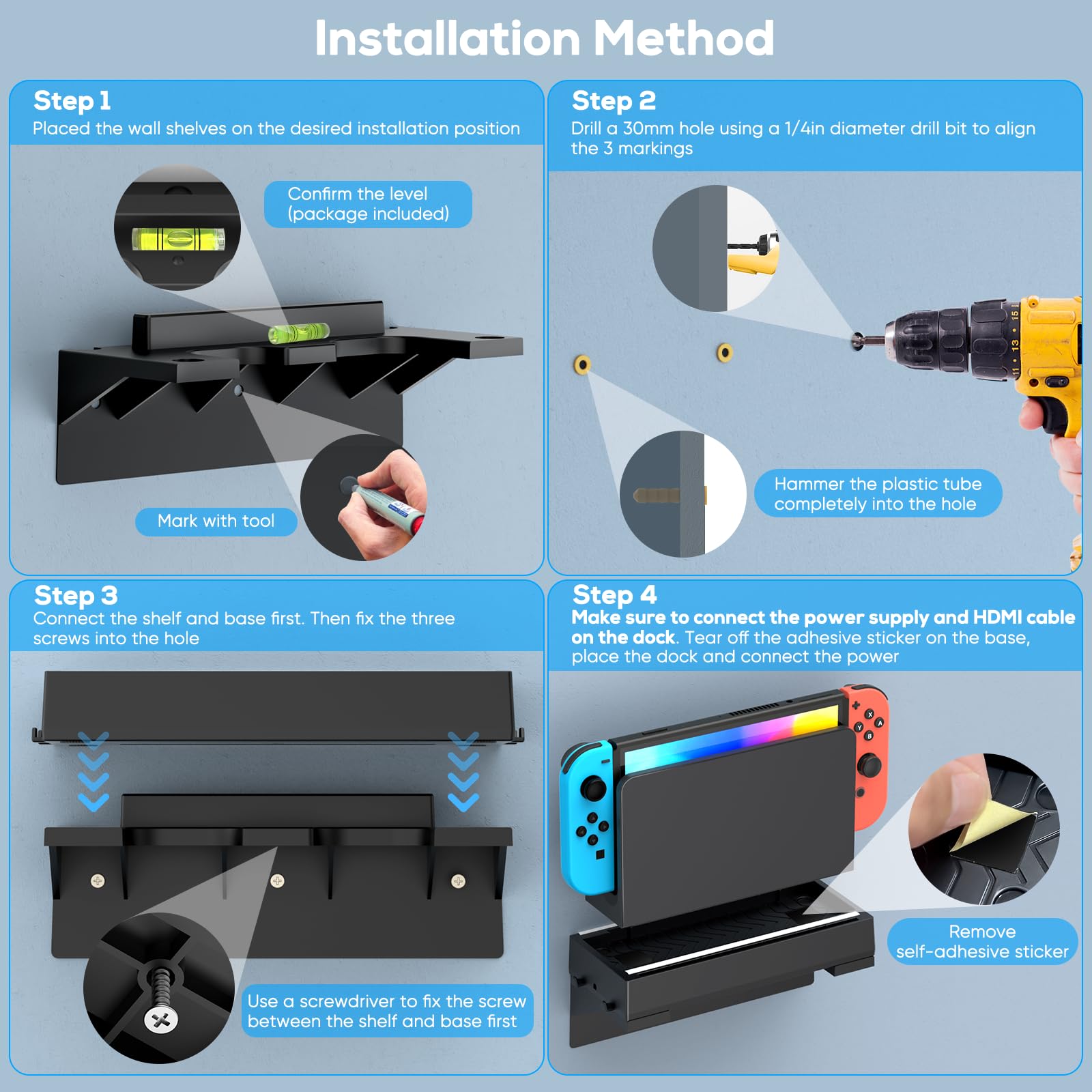 Kit de montage mural RVB pour Nintendo Switch/OLED, support de console Switch Dock avec 7 modes d'éclairage, 7 emplacements pour cartes, 4 crochets Joy Con, 2 ports USB, derrière la TV, noir