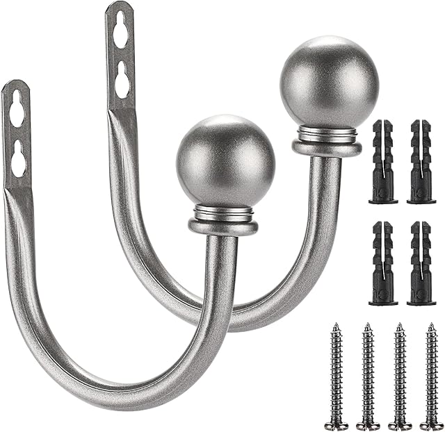 BSTKEY Set of 2 Curtain Hooks Drapery Holdbacks with Screws, Round Hollow Curtain Holder Wall Mounted Curtain Hook Tassel Curtain Tiebacks, Grey