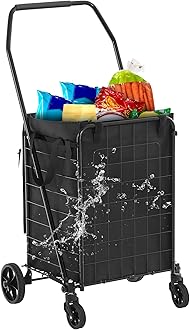 DWVO Folding Shopping Cart with Waterproof Liner, Collapsible Utility Cart with Wheels for Seniors, Portable Grocery Cart for Shopping, Laundry, Storage, and Camping