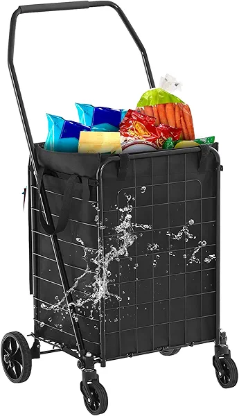 DWVO Folding Shopping Cart with Waterproof Liner, Collapsible Utility Cart with Wheels for Seniors, Portable Grocery Cart for Shopping, Laundry, Storage, and Camping