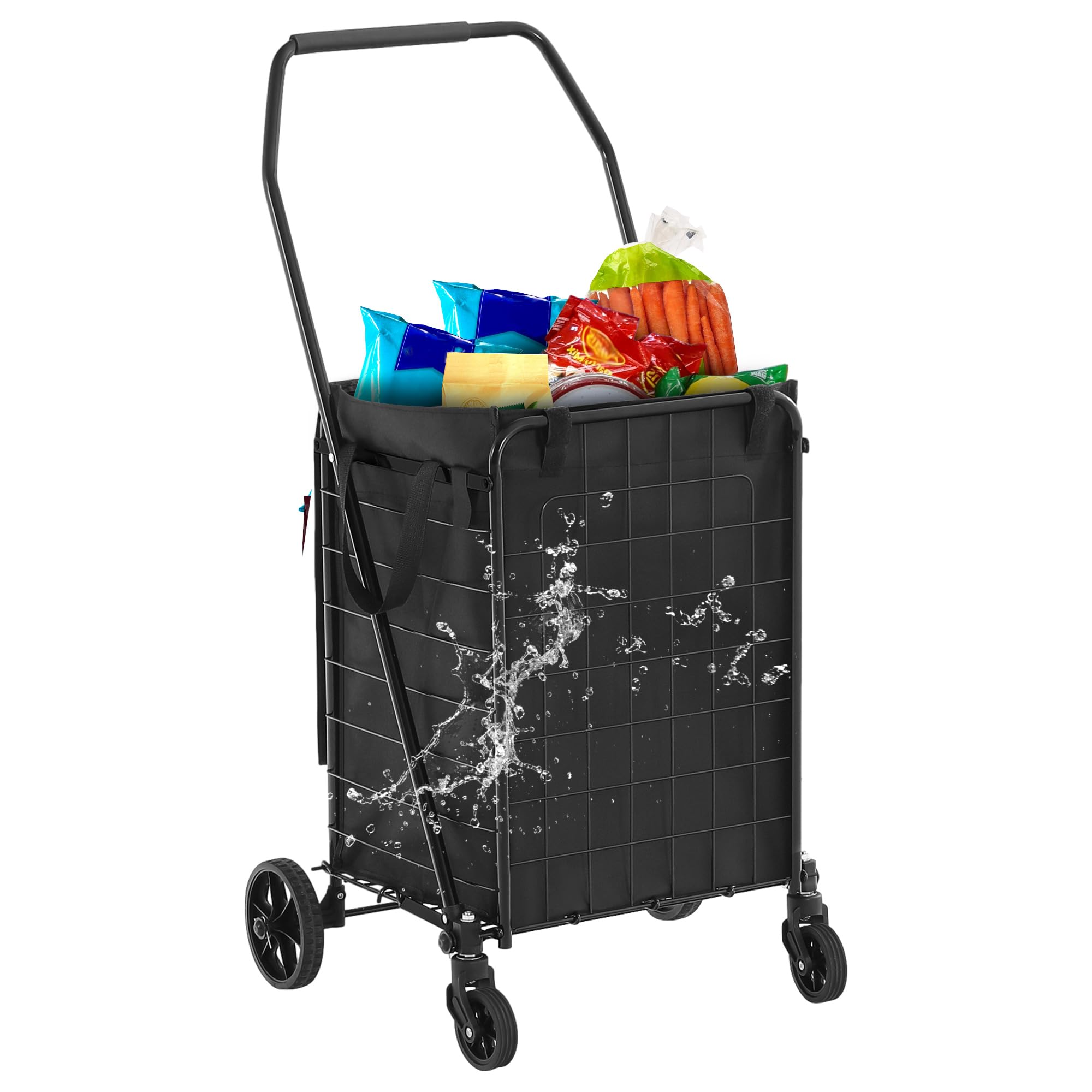 DWVO Folding Shopping Cart with Waterproof Liner, Collapsible Utility Cart with Wheels for Seniors, Portable Grocery Cart for Shopping, Laundry, Storage, and Camping