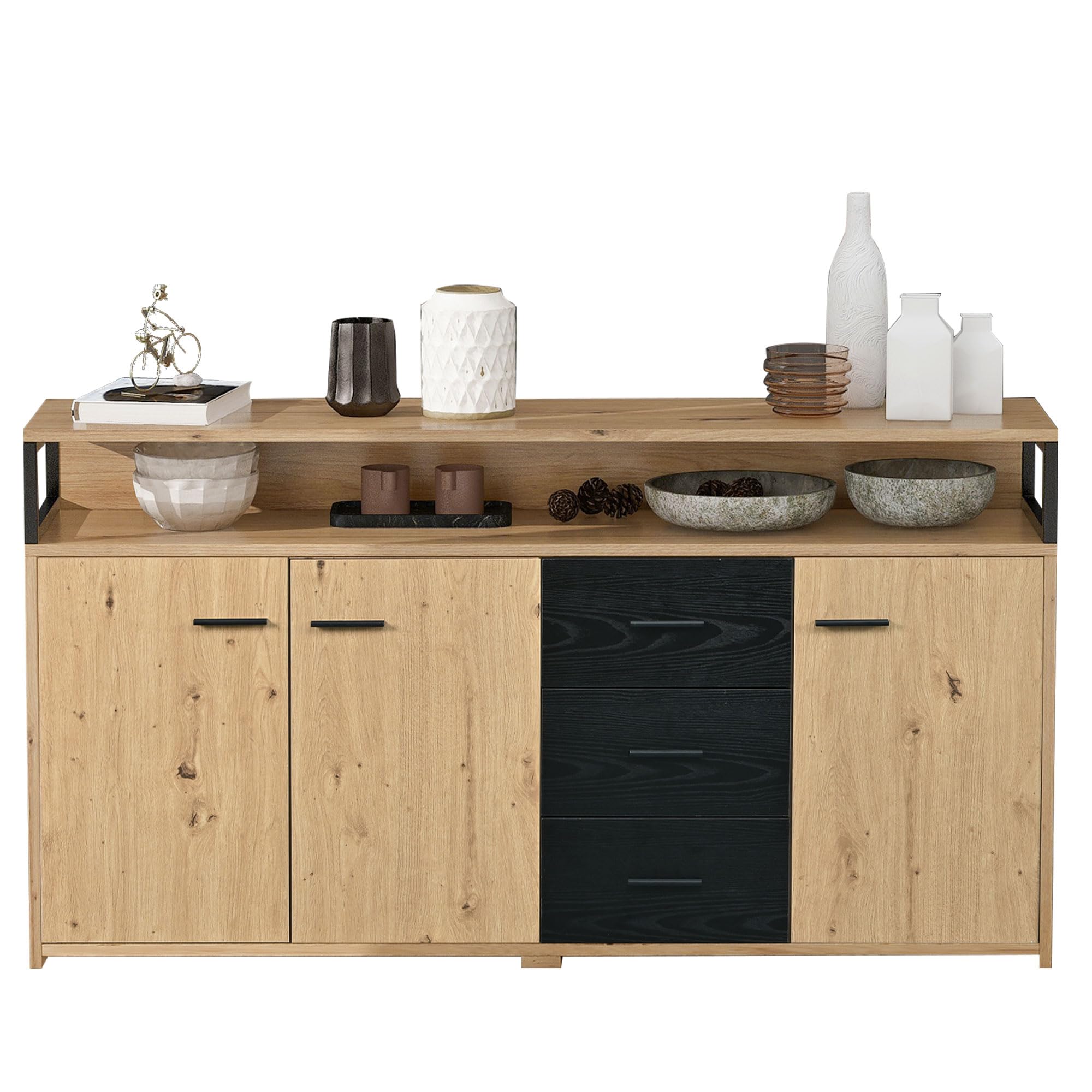 Aparador industrial con tres puertas y tres cajones, 150 x 35 x 75,9 cm, color negro y marrón, mueble de cocina con asas de metal, armario multiusos para dormitorio, salón, oficina