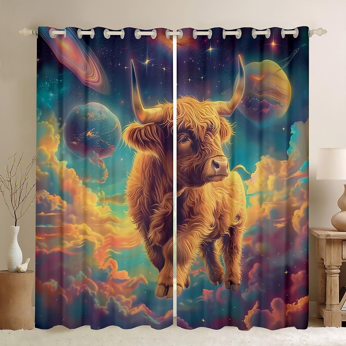 Highland Cattle Curtains for Living Room,Romantic Universe Cloud Planet Window Drapes Bedroom Blackout 30%-50%,Dreamy Starry Galaxy Window Treatment Grommet Top 2 Panels Decor,38Wx45L