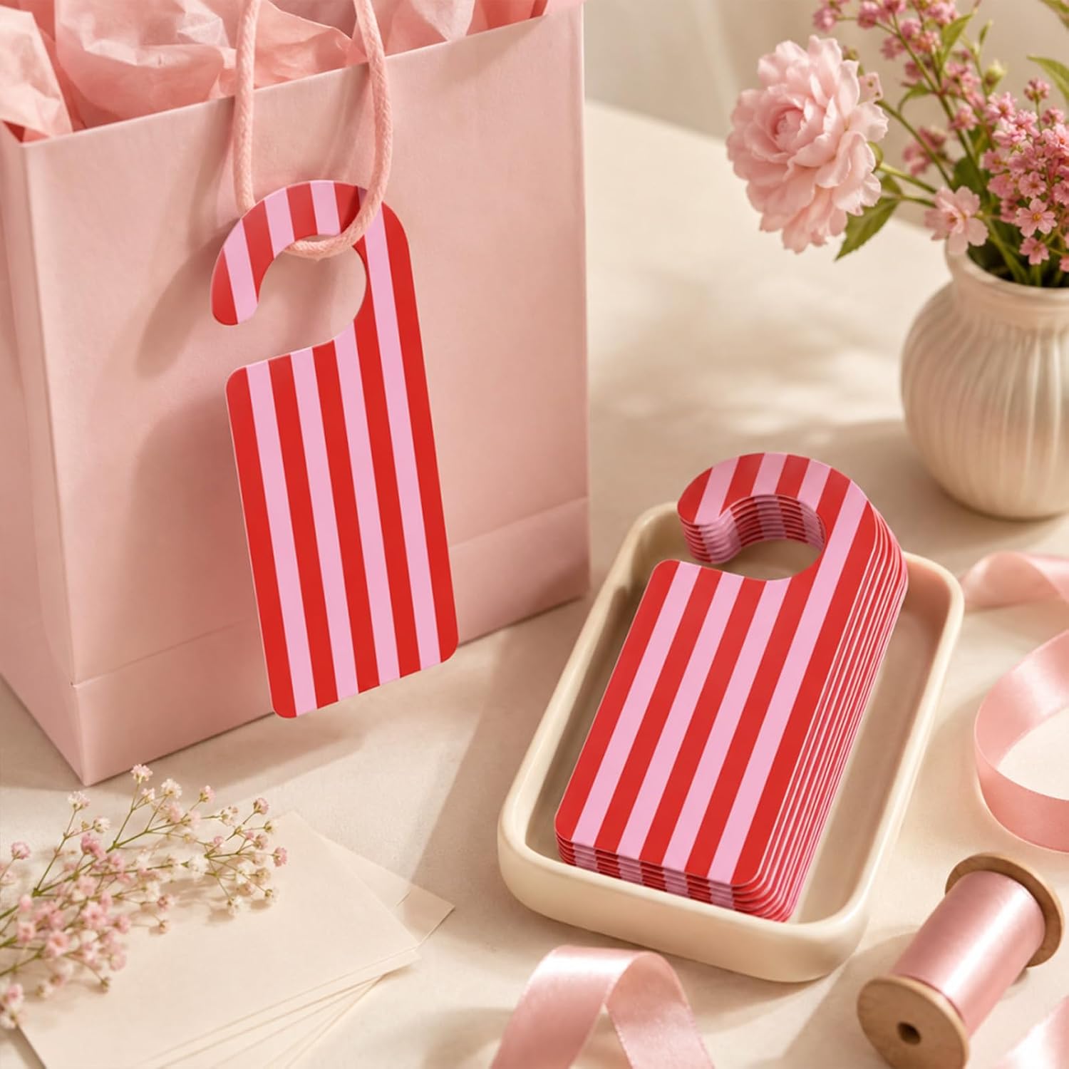 Whaline 30Pcs Red Pink Striped Door Hangers Bright Paper Doorknob Sign Party Door Decor for Birthday Bridal Shower Baby Shower Boutique Store Hanging Decor