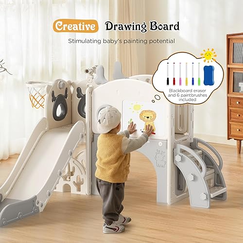 Miniatura 3 de Tobogán para niños, juego 11 en 1 para niños pequeños, nueva actualización con tobogán para niños, tabla de dibujo, juego de golf, aro de baloncesto