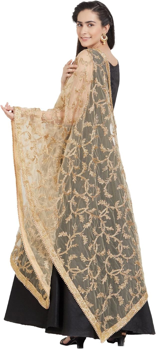 DUPATTA BAZAAR Woman's Gold Embroidered Net Dupatta