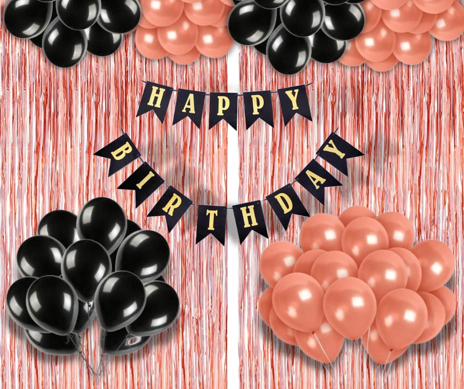 Flyloons Birthday Decoration items for Girls with Black and Rose Gold Balloons, Black Happy Birthday Banner, Rose Gold Foil Curtain