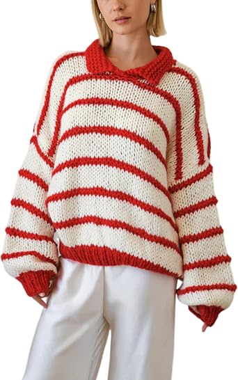 Lentta Womens Striped Sweater Crewneck Drop Shoulder Long Balloon Sleeve Oversized Knit Pullover