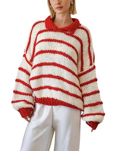 Lentta Womens Striped Sweater Crewneck Drop Shoulder Long Balloon Sleeve Oversized Knit Pullover