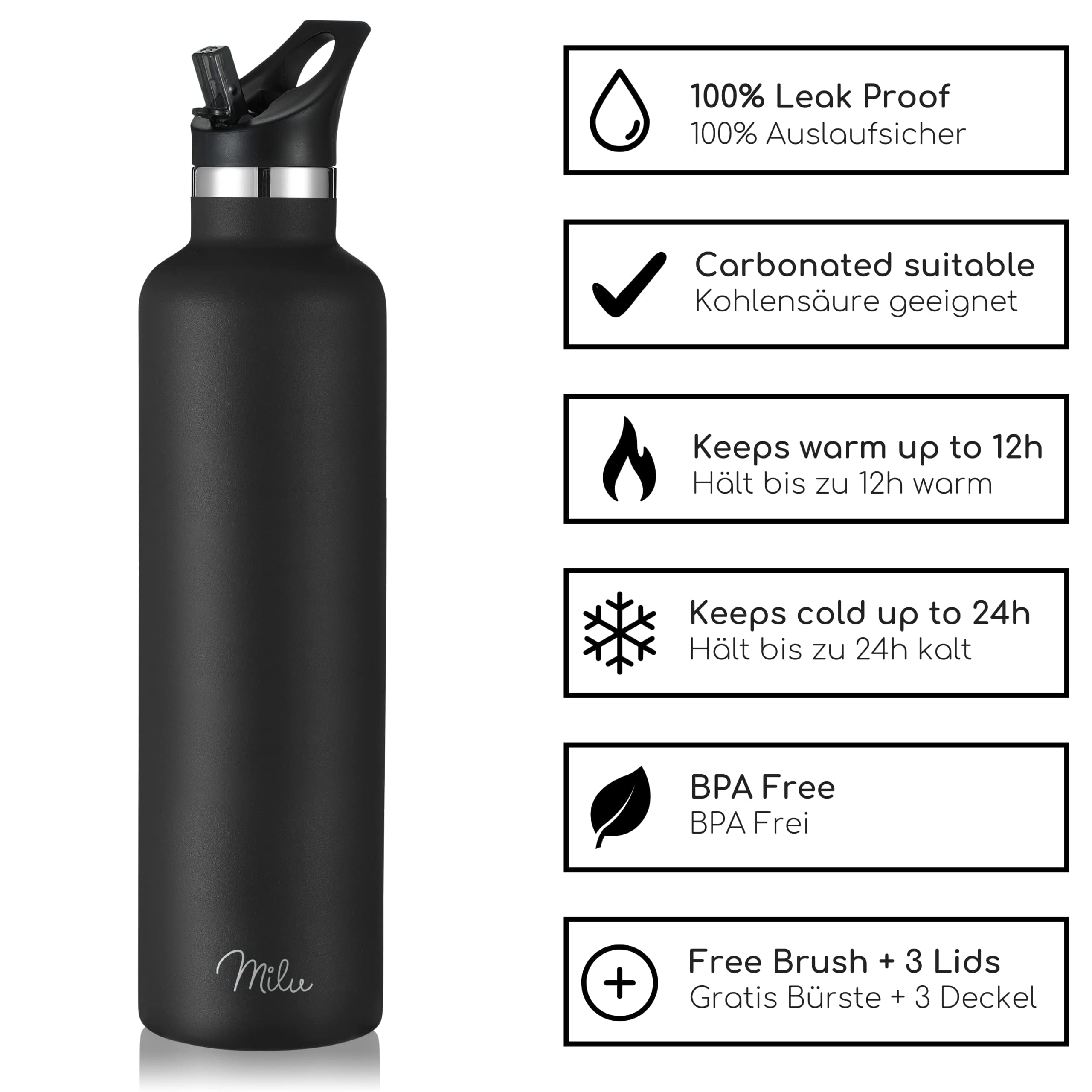 Milu Stainless Steel Drinking Bottle 350ml, 500ml, 750ml, 1l (+3 Lids), Thermo Bottle with Straw, Water Bottle - Image 3