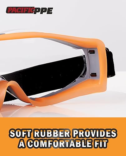 Miniatura 3 de PACIFIC PPE Anteojos de seguridad de visión amplia, ANSI Z87 con lentes envolventes antivaho y antiarañazos, correa ajustable, ideales para