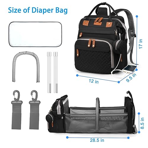 Miniatura 6 de Jeryswet Bolsas de pañales para bebé con cambiador, mochila impermeable de gran capacidad para madres y papás con puerto de carga USB y correas para