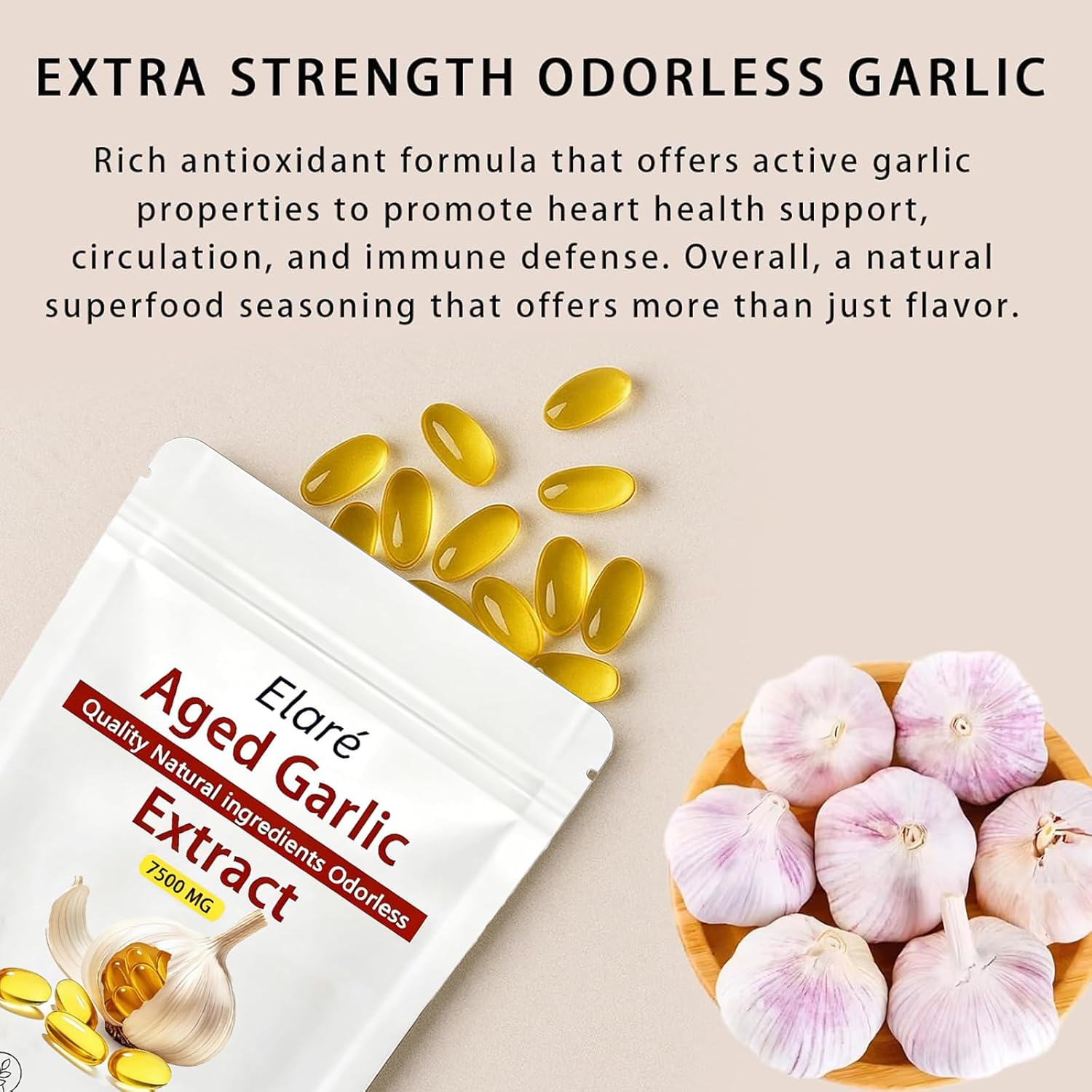 Elare Aged Garlic Extract - 7500mg Odorless, Organic Garlic Extract Capsules | Heart & Immune Antioxidant Supplements, Vegetarian, All-Natural, Non-GMO, 150 Softgels(1 PCS) - Image 5
