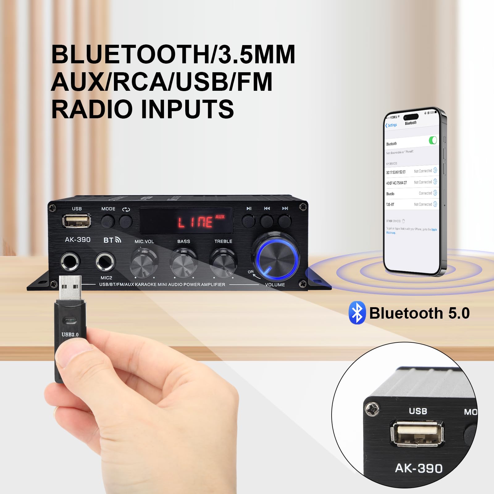 Amplificateur Hifi Bluetooth 5.0 2 Canaux 40W+40W 400W 12V 5A avec Télécommande