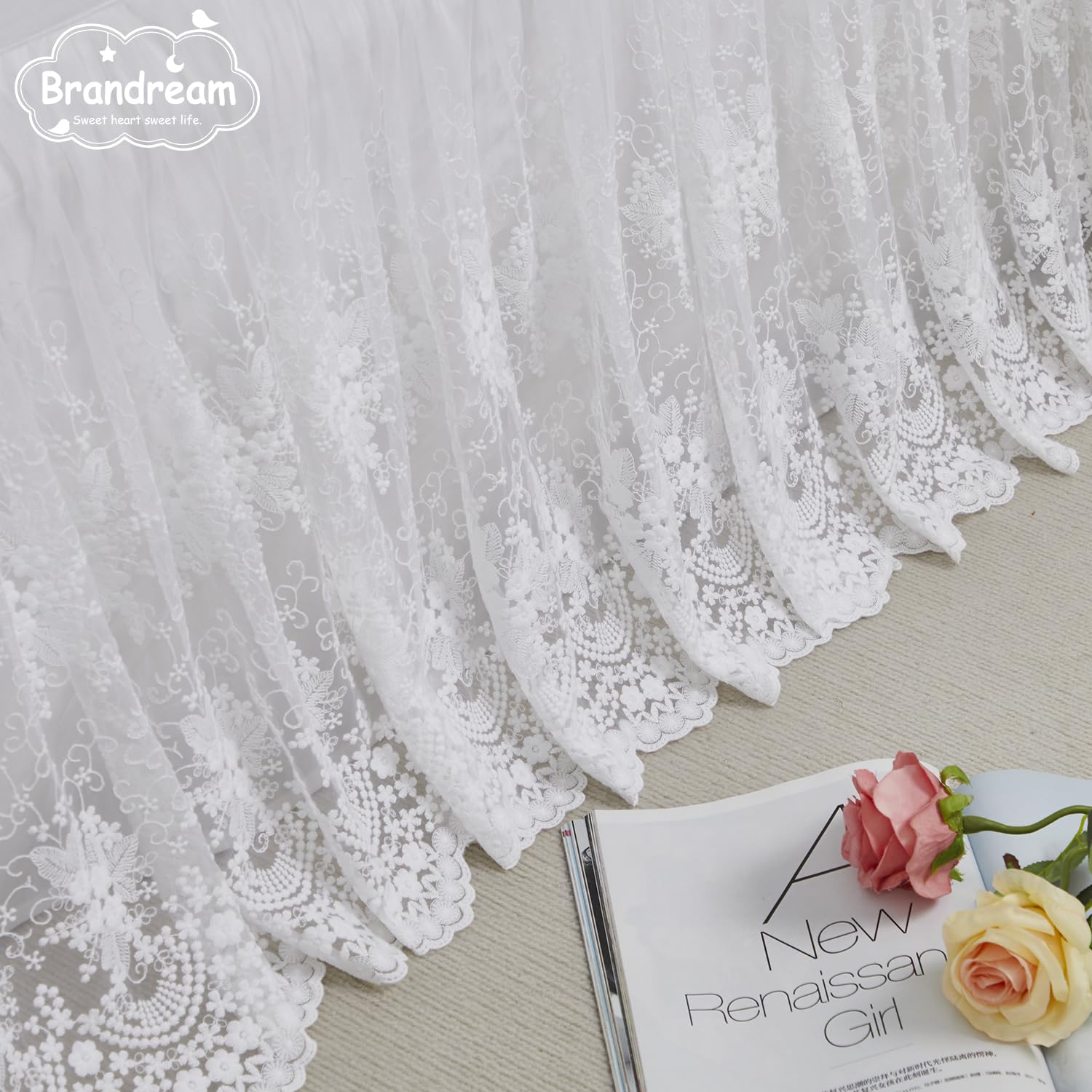 Brandream Falda de cama de encaje para cuna de bebé, estilo bohemio, color liso, romántica, color crema, blanco roto y elegante, 100 % algodón, excelente calidad