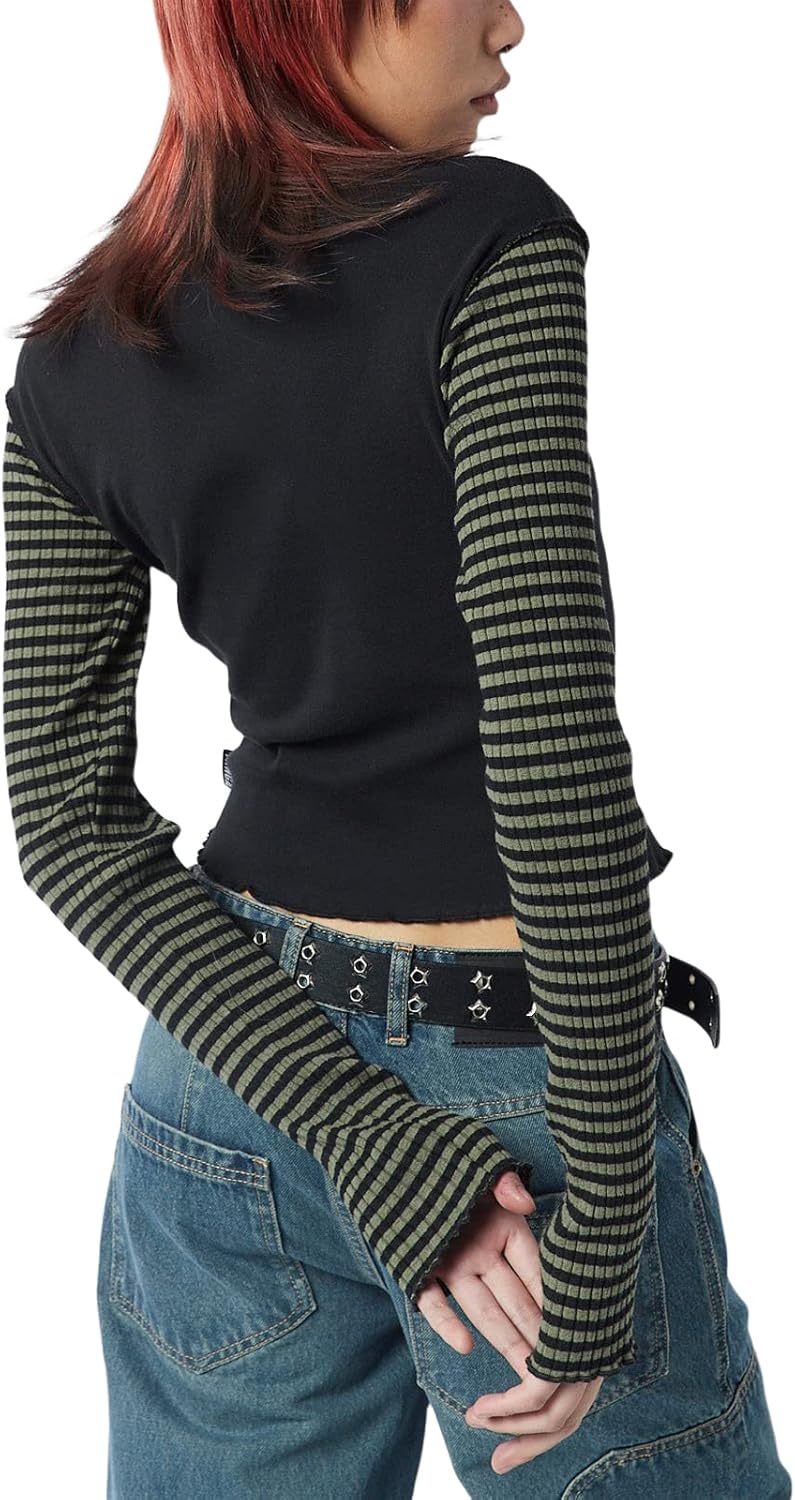 Women Vintage Star Pattern Stripes Patchwork T Shirts Long Sleeve Crew Neck Crop Top Casual Y2K 90s Streetwear - Image 3