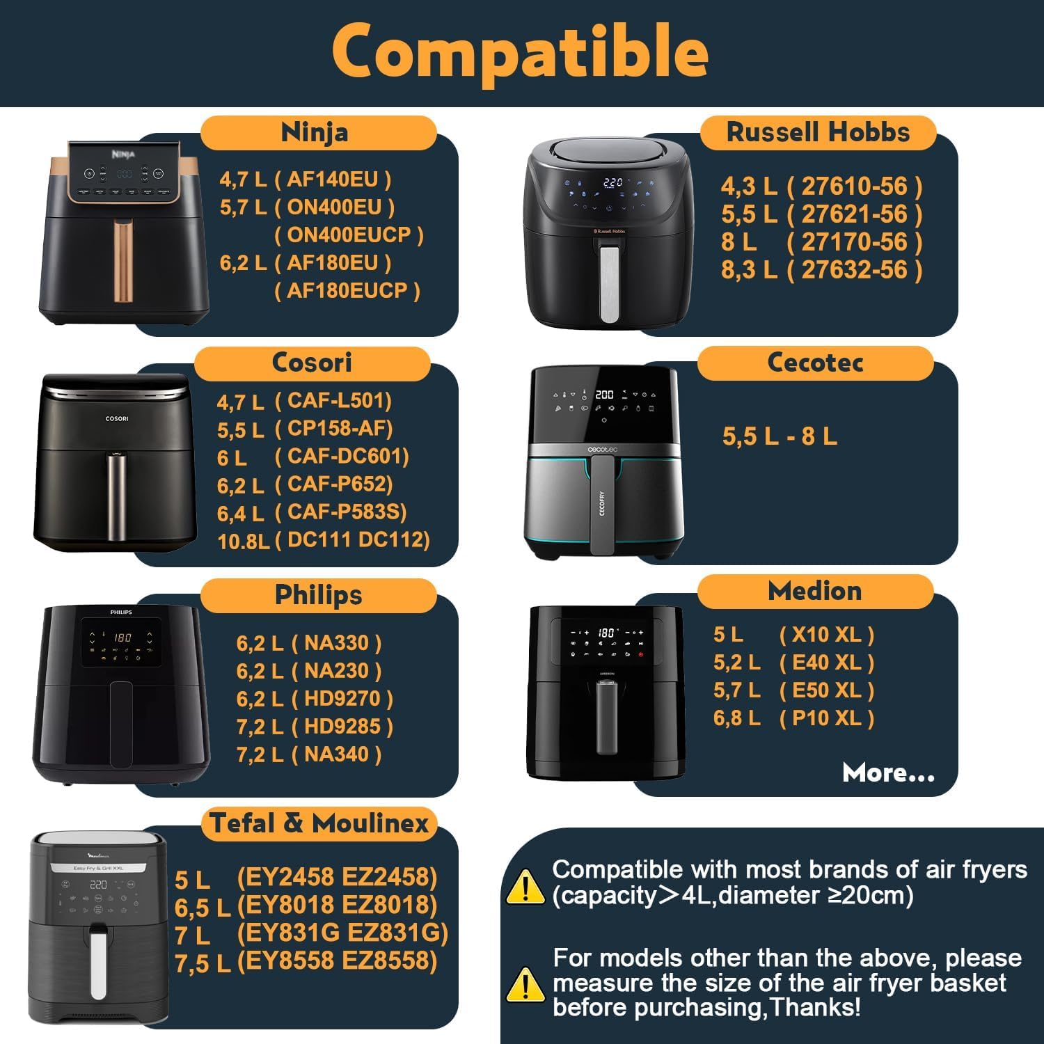 19-23CM Accesorios Freidora de Aire para COSORI 4,7L/5,5L/6L/6,2L/6,4L, Cecotec 5,5L/6L/7,6L, Cuadrado Molde Silicona Freidora de Aire, Rejilla Multiusos
