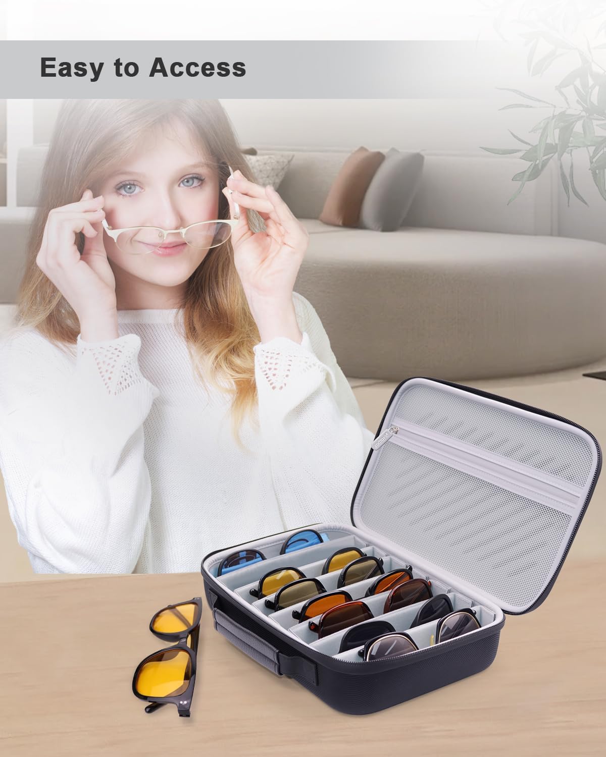 Krypthos Travel Sunglasses Organizer Case, Portable Eyeglasses Storage Box, Adjustable Multi-Compartments & Crushproof Design, Holds Up to 8 Pairs, Eyewear Display Case for Men Women - Image 6