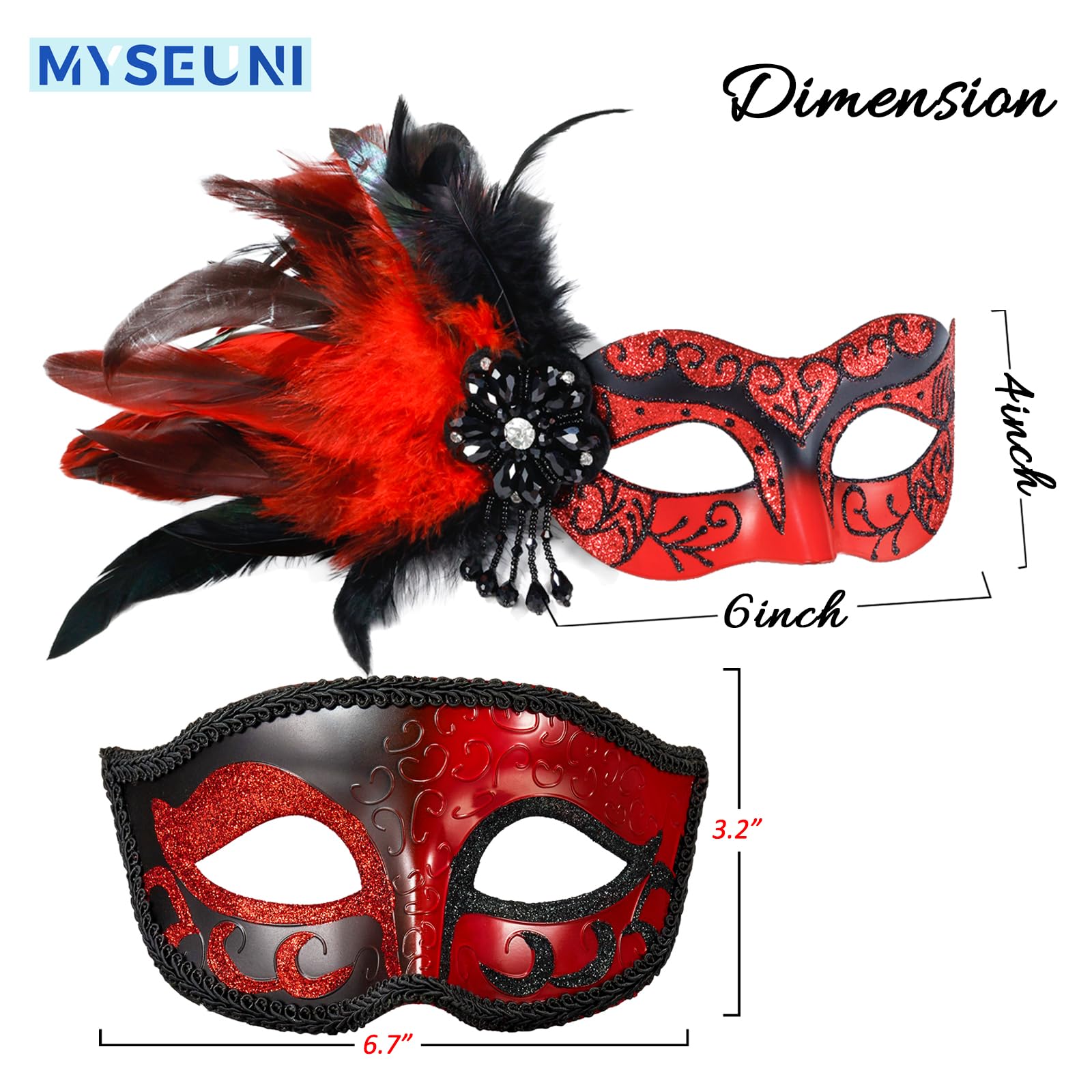 MYSEUNI 2025 Venetian Mask for Couples with Feathers Red Masquerade Mask for Men Women Halloween Carnival Cosplay Party Prom - Image 2