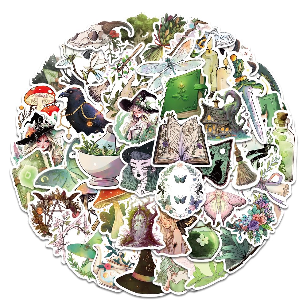 50 Pieza Bruja Sticker Set, Bosque Bruja Sticker Set Impermeable Pegatinas Portátil Teléfono Móvil Scrapbooking Maleta Casco Motocicleta Monopatín Coche Bicicleta Pegatina Bomba