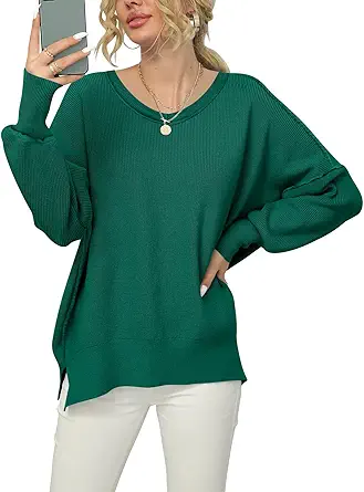 ANRABESS Women's Casual Oversized V Neck Batwing Long Sleeve Side Slit Ribbed Knit Pullover Sweater 2023 Fall Sweaters Top
