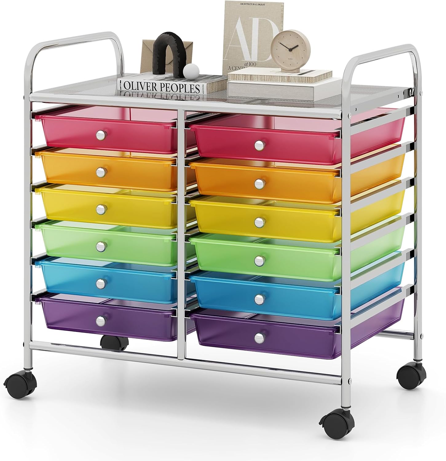 TANGZON 12 Drawers Storage Cart, Rolling Utility Cart with Lockable Wheels, Multipurpose Mobile Trolley Organizer for Home Office Stationery Beauty Salon (Rainbow)