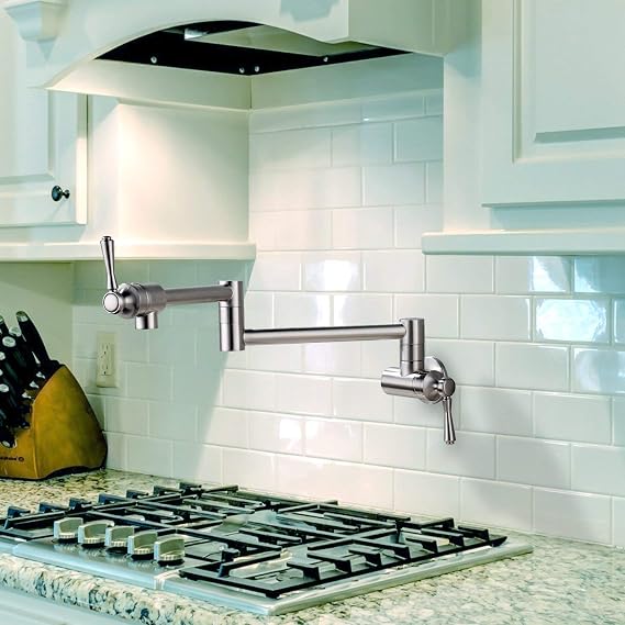 Brushed Nickel Kitchen Pot Filler - Commercial Wall Mount Brass Sink Folding Stretchable Faucet with Single Hole Two Handles - Cold Water Only (Brushed Nickel)