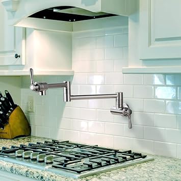Brushed Nickel Kitchen Pot Filler - Commercial Wall Mount Brass Sink Folding Stretchable Faucet with Single Hole Two Handles - Cold Water Only (Brushed Nickel)