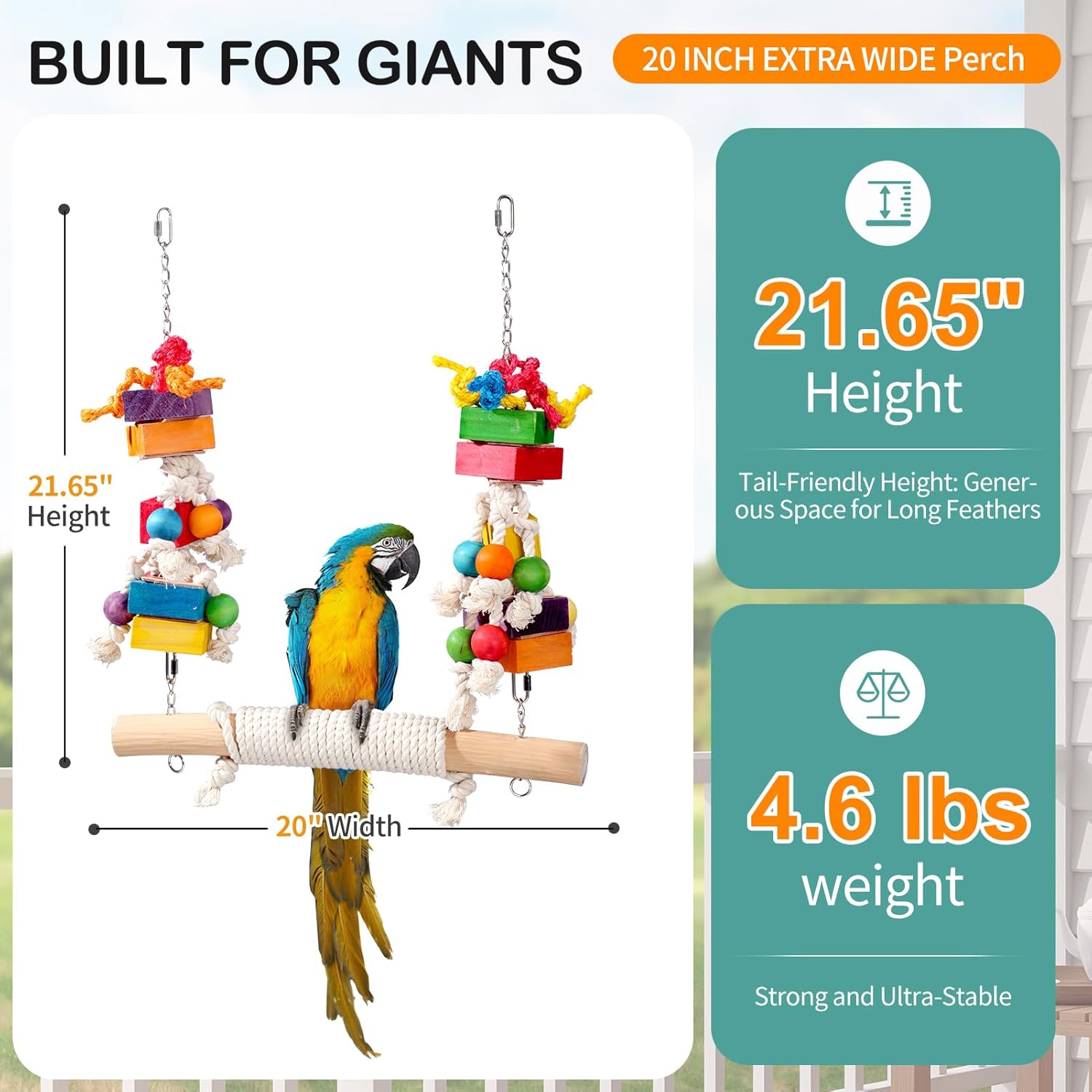 Giant Bird Toy for Large Parrots - Massive 4.6 lbs Heavy Duty Macaw Toy, 20" Extra Wide Parrot Swing with Natural Wood Blocks & Cotton Rope, Refillable Foraging Bird Toy for Cockatoos, African Greys