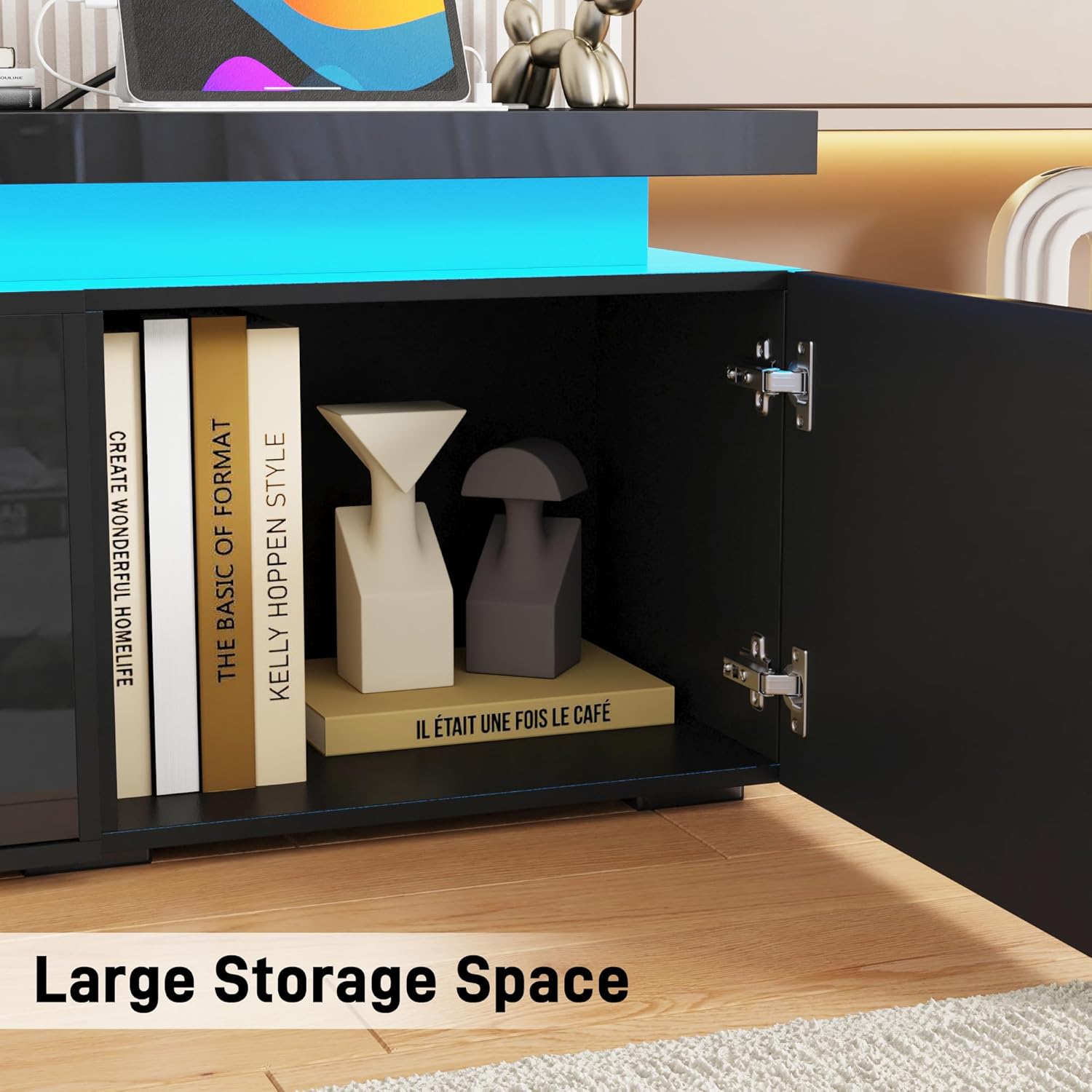 83In LED TV Stand with 40In Fireplace for 80In TV, Modern Fireplace TV Stand with Power Outlet, High Gloss TV Console Entertainment Center with Storage for Living Room, Bedroom (83 Inch, Black)