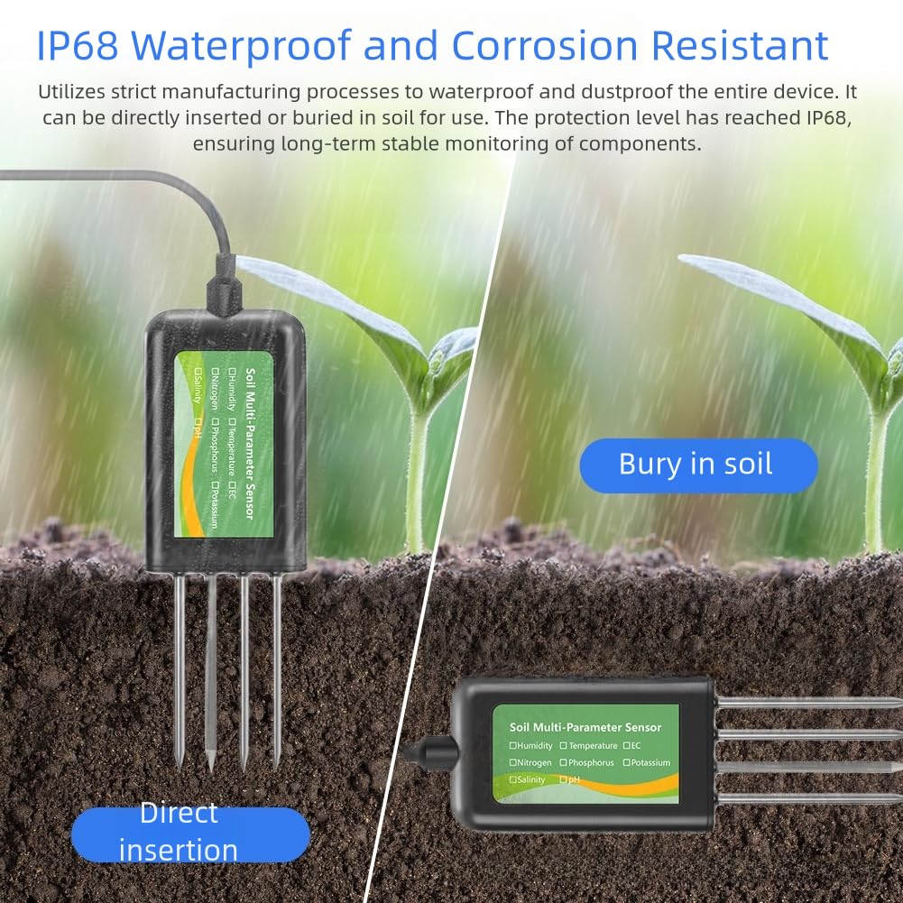 Probador de suelo USB con detección multiparámetro 8 en 1 para NPK pH humedad temperatura salinidad conductividad, sonda de acero inoxidable impermeable IP68