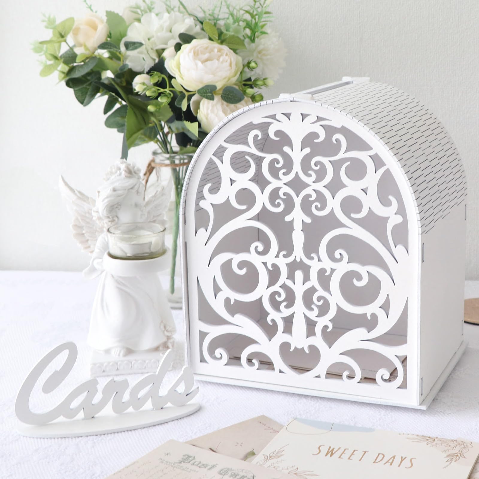 OurWarm Arch Wooden Wedding Card Box with Slot, Hollow White Gift Card Boxes for Wedding Reception, Small Envelope Money Box for Party, Baby Showers, Birthday, Graduations, Fundraisers