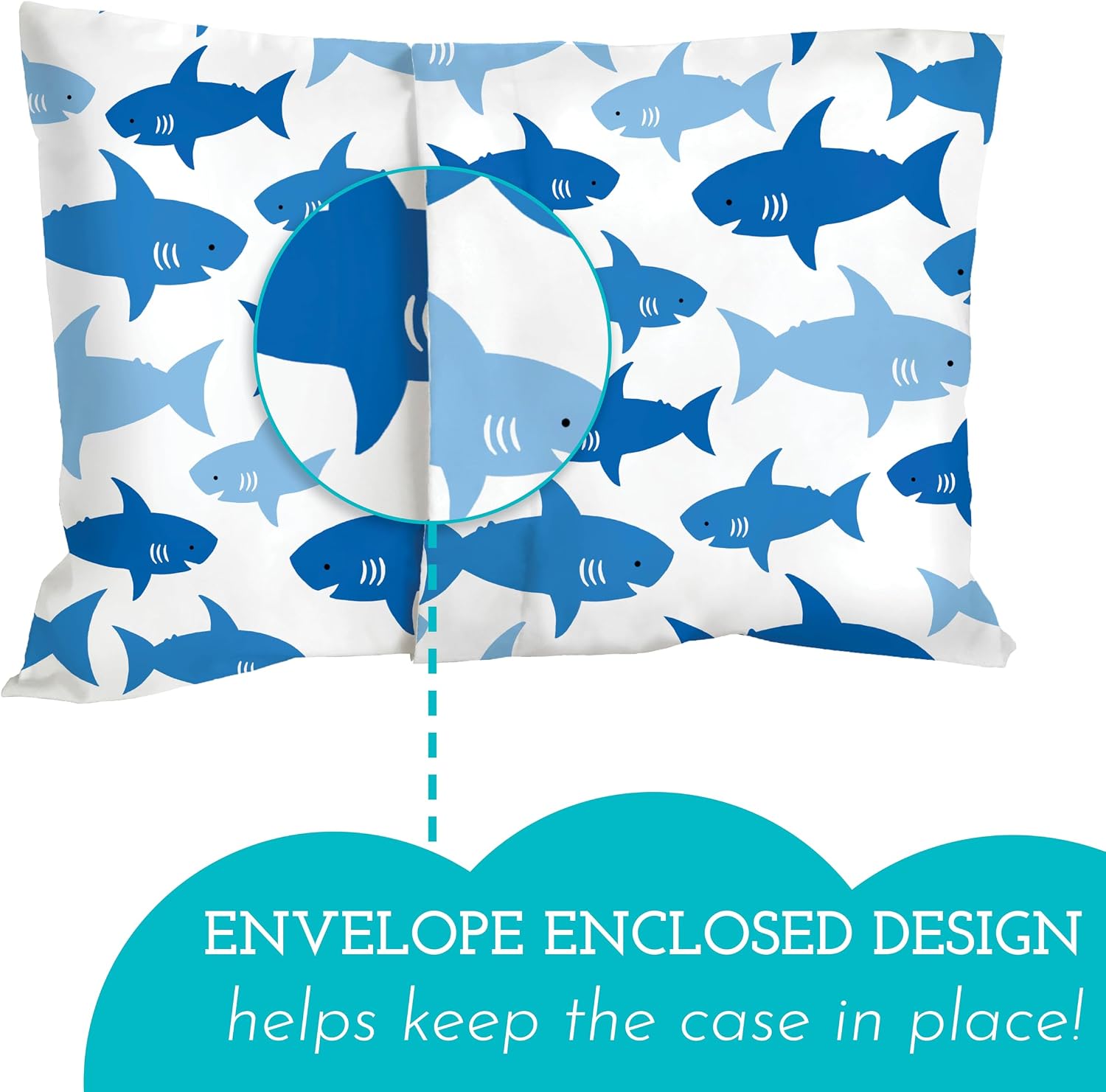 Little Sleepy Head Youth Pillow Case - 100% Made Cotton & Hypoallergenic Pillow Case - Snug Fit Envelope Pillowcase Enclosure - Youth Pillow 16x22 Size - (Fintastic Friends) Travel Pillow Cover