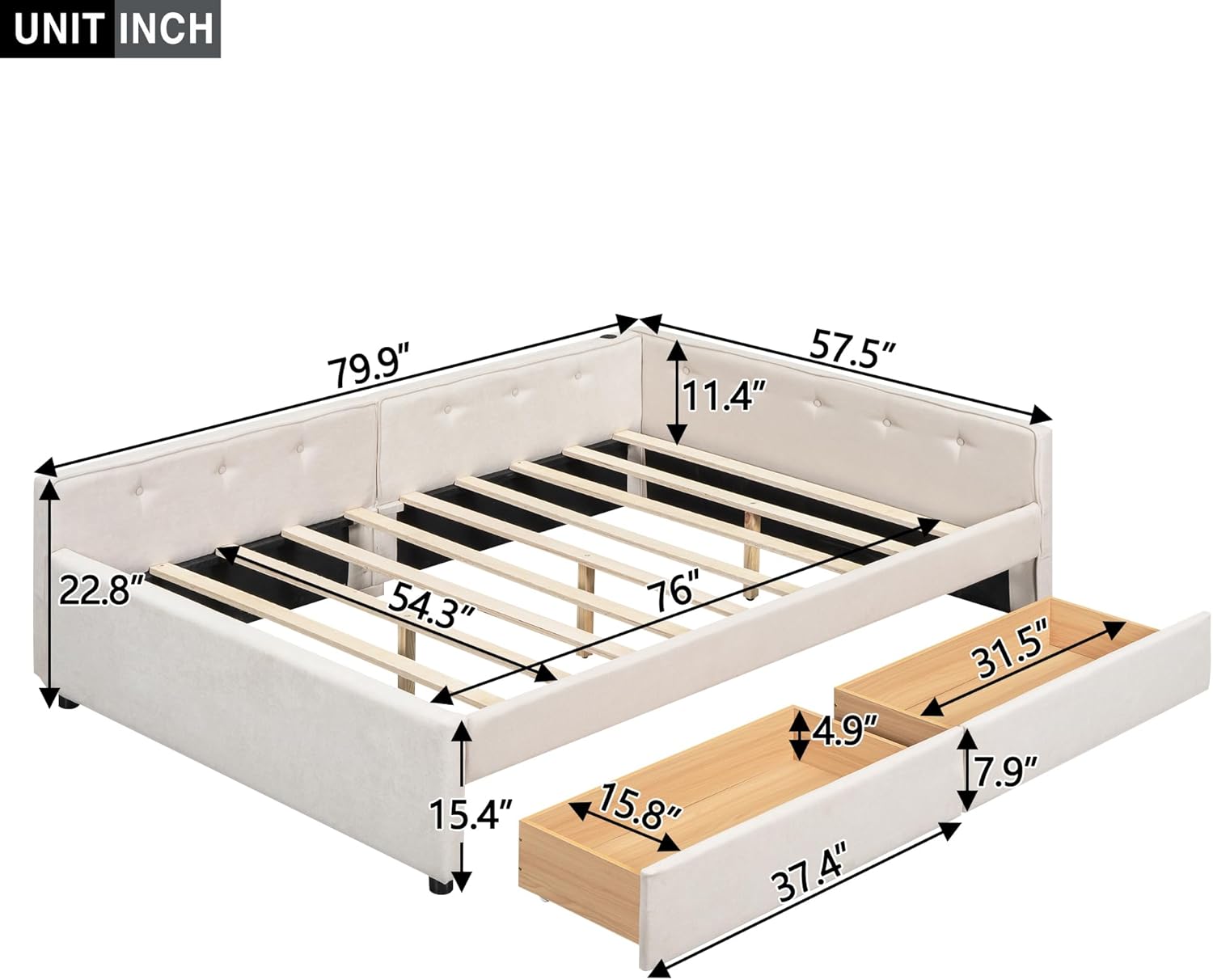 ball & cast full size daybed with storage drawers,linen upholstered bed frame with button tufted backrest and armrests,l shaped day bed with usb port,solid wood slats support,beige