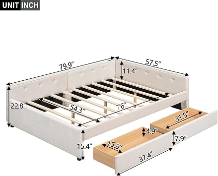 Full Size Daybed with Storage Drawers, Upholstered Corner Bed Frame Full with USB Charging, L Shaped Bed Frame with Solid Slats Support, Floor Day Bed for Teens Adults, Beige
