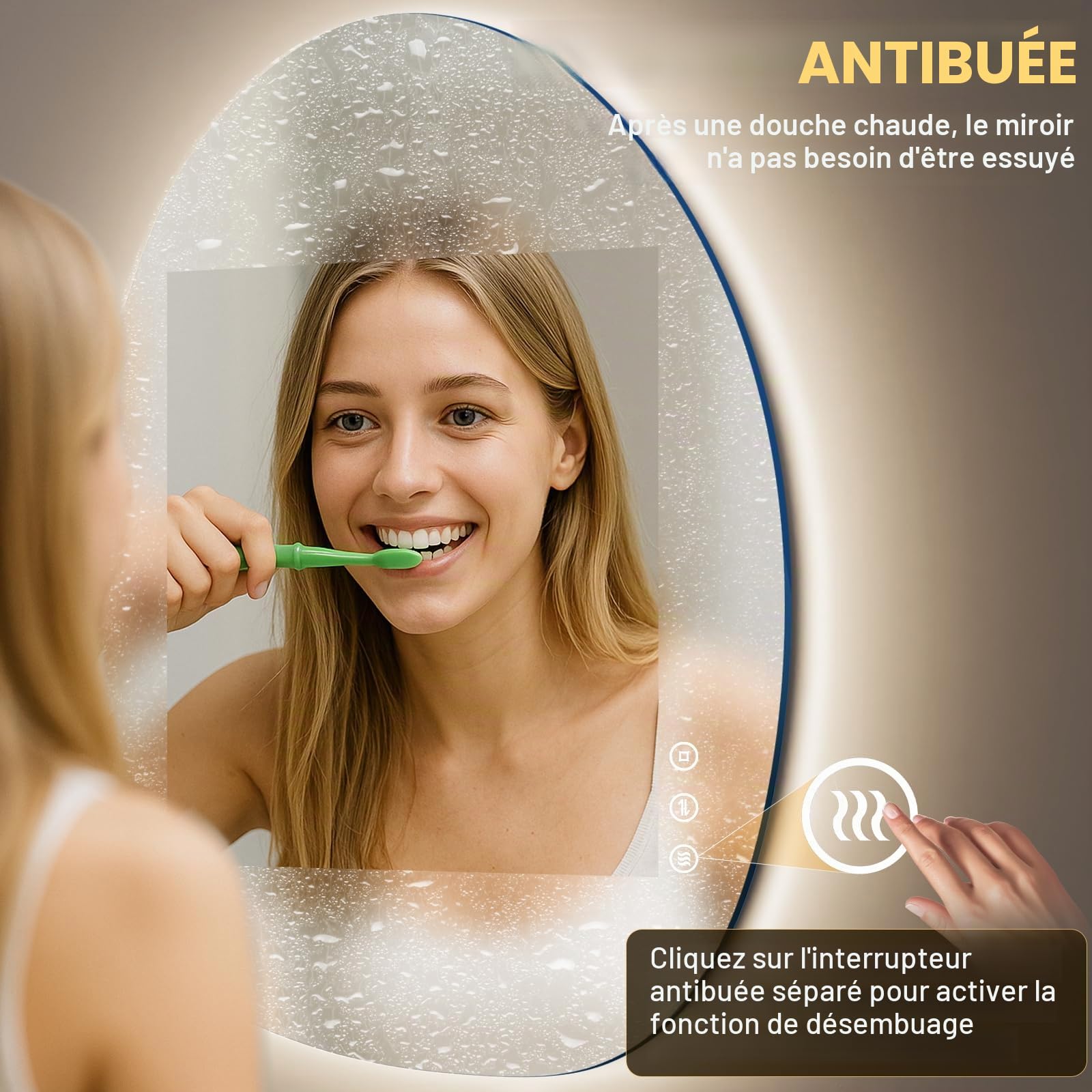 Miroir de salle de bain LED asymétrique avec éclairage 75 x 55 cm, anti-buée, 3 couleurs de lumière, réglable, avec éclairage, intensité variable, avec fonction mémoire, économie d'énergie