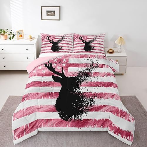 Feelyou Juego de edredón de piel de vaca rosa y blanca para niñas y niños, edredón de animales salvajes y ciervos, decoración de habitación, juego