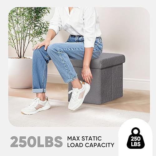 Miniatura 10 de PINPLUS Cubo otomano plegable de almacenamiento, otomana cuadrada gris con almacenamiento, moderna otomana de sherpa con tapa, asiento para