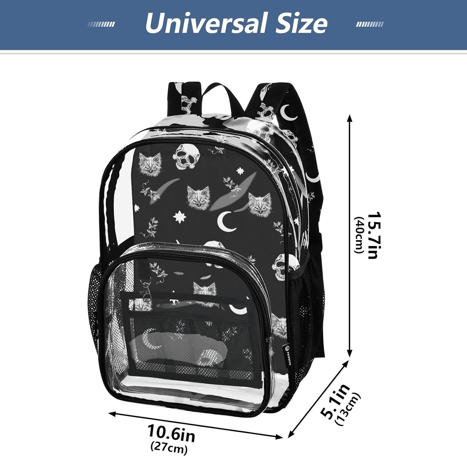 Skull Cat Moon Gothic Pattern Print Clear Backpack Lightweight Large Capacity See Through Bookbag Transparent Daypack Bag, 12L