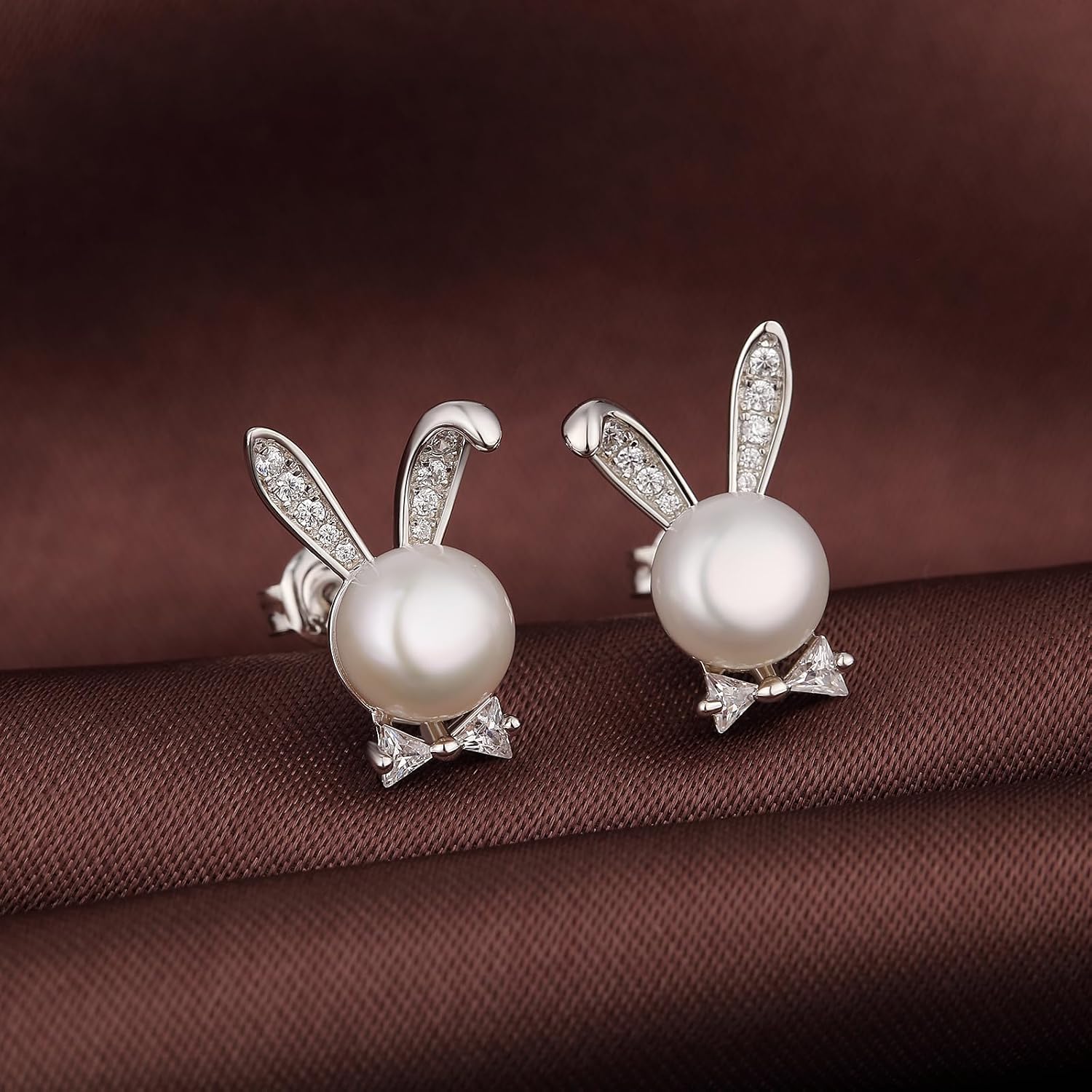 Cute Rabbit Pearl Stud Earrings 8MM 925 Sterling Silver, Dainty Bunny Earrings Jewelry